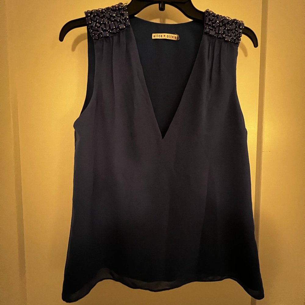 Alice + Olivia Beaded Shoulder Navy Top, Size XS
